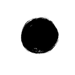 Fototapeta na wymiar Black paint vector circle. Hand painted ink blob, round button, grunge dot. Hand drawn grunge circle isolated on white. Dry rough edges. Rounded black paint brushstroke. Grungy smear and rough stain.