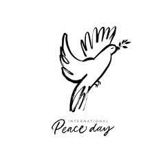 Fototapeta na wymiar International Peace Day hand written lettering with dove and olive branch. Hand drawn calligraphy phrase isolated on white background. Bird with a palm branch. Holiday card, banner, template, concept