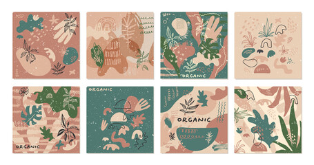 Set of abstract creative hand drawn covers in modern style. Fluid organic shapes in muted earthy matte colors for e-commerce and social media marketing. Trendy creative vector illustration