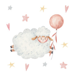 cute, curly lamb with balls in her hands flies on a white background, in multi-colored stars and hearts children's illustration watercolor, children's design of open cards, invitations