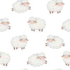 seamless pattern cute, curly lamb cuddles and lay, count sheep before going to bed, childrens watercolor illustration, childrens design of cards, invitations
