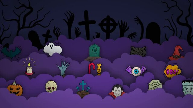 Halloween characters in the graveyard background animation