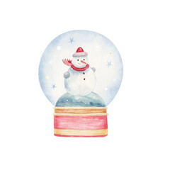 illustration of a snow globe with a snowman and snow childrens illustration watercolor, childrens design of cards, invitations