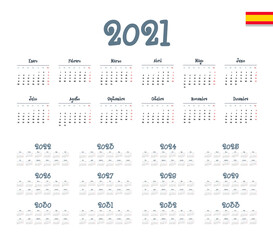 Spanish calendar 2021 - 2033 on white background. Start on monday. Vector illustration