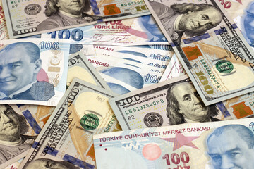 Turkish lira and American dollars 100 banknotes. Turk Lirasi TL