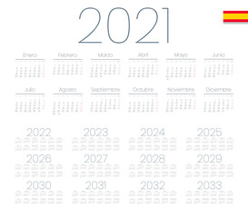 Spanish calendar 2021 - 2033 on white background. Start on monday. Vector illustration