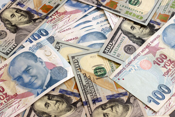 Turkish lira and American dollars 100 banknotes. Turk Lirasi TL