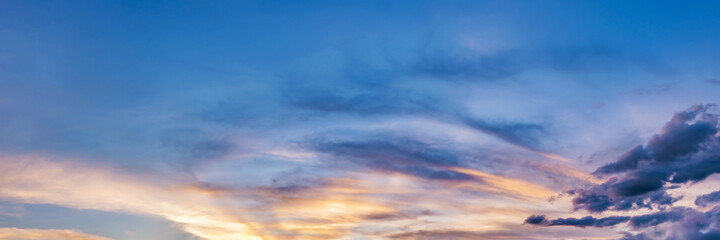 Twilight panorama sky background with colorful cloud in dusk. Panoramic image.