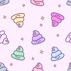Seamless isolated pattern with cute kawaii poop with unicorn horn.Pastel colored child magic print on fabric, wrapping paper, textile, wallpaper. Vector cartoon doodle linear illustration