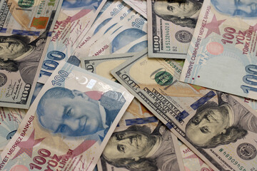 Turkish lira and American dollars 100 banknotes. Turk Lirasi TL