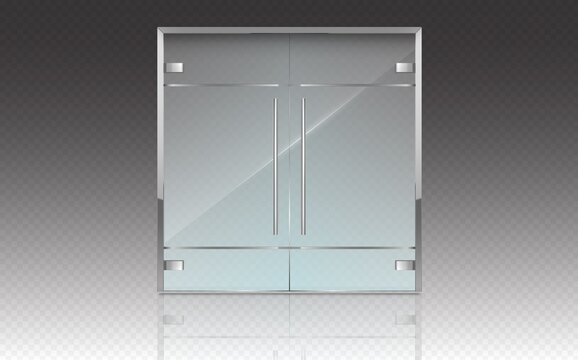 Double glass doors with metal frame and handles. Vector realistic mockup of closed doors isolated on transparent background. Glass gate, entrance in store, mall or office