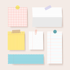 Scrapbook papers. Blank notepad pages vector illustration.Paper glued to wall with tape
