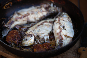 Fish crucian fried pan, ugly food