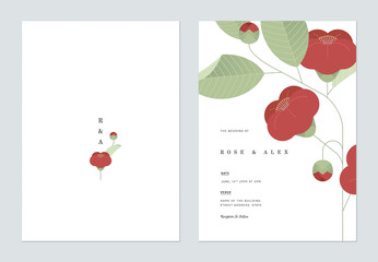 Floral wedding invitation card template design, red camellia flower and leaves - obrazy, fototapety, plakaty