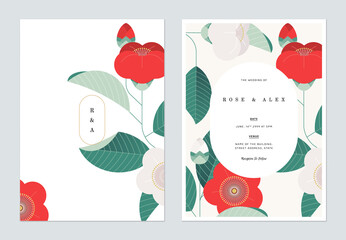 Floral wedding invitation card template design, red and white camellia flower and leaves - obrazy, fototapety, plakaty