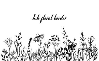 Hand drawn ink floral border. Flowers field 