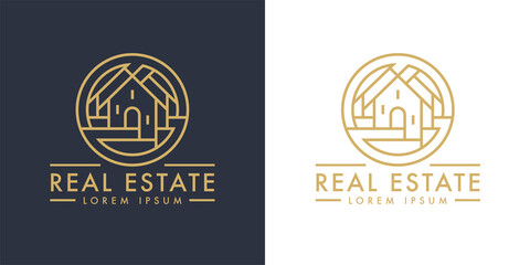 Real estate home logo line icon. Modern luxury villa house sign. Gold residential property development symbol. Concept realty agency housing company emblem. Vector illustration.