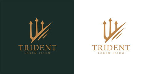 Gold trident logo icon. Premium corporate company brand identity emblem. Abstract forked spear sign. Devils pitchfork symbol. Vector illustration. - obrazy, fototapety, plakaty