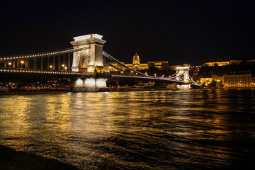Fototapeta na wymiar Long exposure of Széchenyi Chain Bridge, Buda Castle and the Danube River