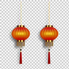 Realistic 3d Chinese lantern template. The Chinese holiday symbol culture. The bright paper lamp isolated on transparent background. Vector illustration design.