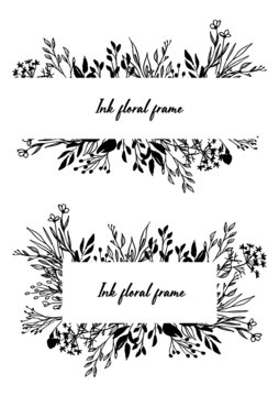 Set of hand drawn vector ink floral borders and frames
