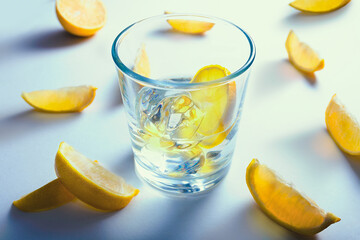 Glass filled with ice cubes and lemon slices, surrounded with slices of lemon