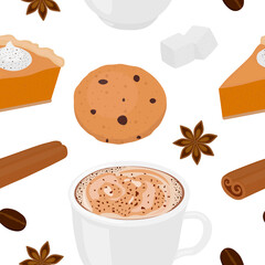 Seamless pattern coffee cinnamon cookies pie vector food illustration