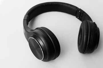 Wireless Black Headphones Isolated Background. Side View of Acoustic Stereo Sound System
