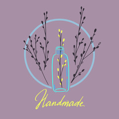 Natural Cosmetics vector illustration. Glass vial with little twig sticking out of it. Hand made organic beauty products with herbs. Night skincare routine concept.