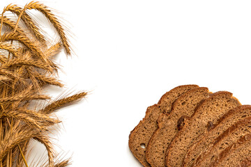 Traditional bread. Fresh loaf of rustic traditional bread with wheat grain ear or spike plant...