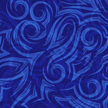Vector blue seamless pattern of waves or swirl drawn with a brush for decor on a dark background.Smooth uneven lines in the form of spirals of corners and loops.