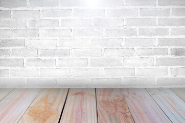 The view of the room consists of a wooden floor with a black and white masonry wall, a loft style for the background, a wooden floor with a masonry surface for advertising various products.