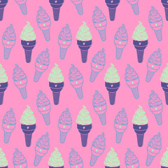 Seamless cute ice cream pattern. Hand-drawn colorful summer food vector. Doodle ice-cream on pink background for kitchen, restaurant and food design. EPS 8