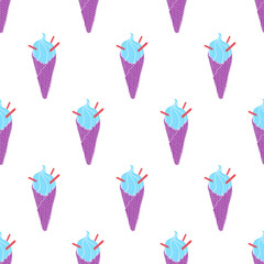 Seamless cute ice cream cone pattern. Hand-drawn colorful summer food vector. Doodle ice-cream on white background for kitchen, restaurant and food design. EPS 8