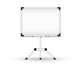 Magnetic blackboard on a tripod. Realistic flipchart. White marker board. Vector illustration