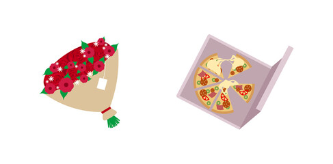 Pizza and roses flat color vector objects set