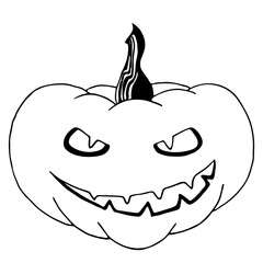 Halloween black and white carved pumpkin, creepy face, smiling jack lantern hand drawn silhouette illustration, Halloween symbol. Vector illustration