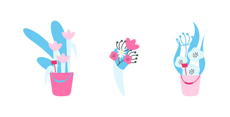 Flowers in vases flat color vector objects set