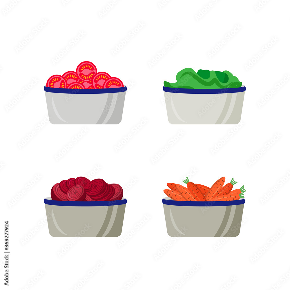 Poster sliced vegetables in plates flat color vector object set