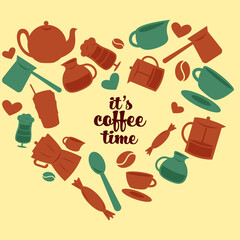 Vector flat illustration, It's coffee time lettering, Set with coffee cup, beans, glass, decoration and sweets of a heart 