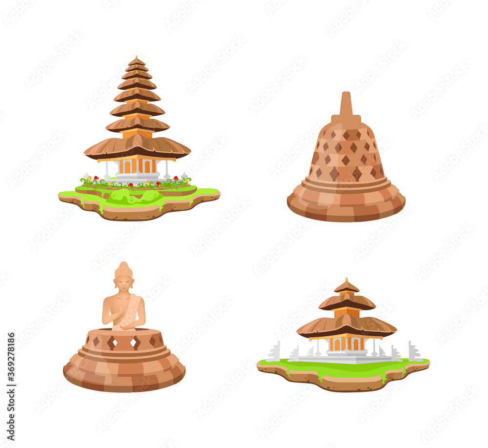 Poster indonesian temples flat color vector objects set