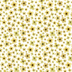 yellow flowers and plants watercolor, green herbal organic nature seamless pattern illustration, hand drawing
