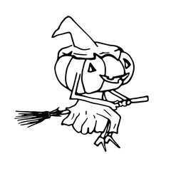 Vector Halloween pumpkin character. Cute hand-drawn pumpkin dressed witch with a broomstick and hat. Trick or treat illustration.