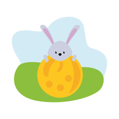 cute rabbit easter season character with egg in camp