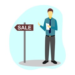 Vector illustration of a person presenting an item to sell. Showing direction.