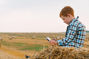 Little boy farmer on top of a straw bale holds a tablet in his hands on a background of hay bales
