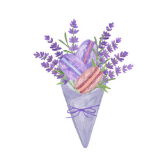 Violet sachet with lavender flowers and macaroons with a ribbon and a bow realistic style floral composition watercolor illustration for summer menu or holiday design, invitations travel articles