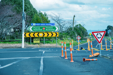 COROMANDEL, NEW ZEALAND - AUGUST 28, 2018: Road intersections and roadworks