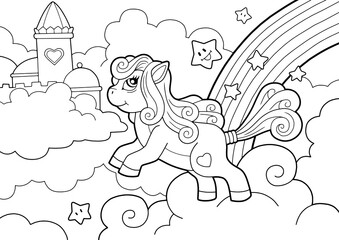 cartoon cute pony, coloring book, funny illustration