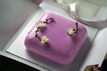mousse cake with mirror pink icing